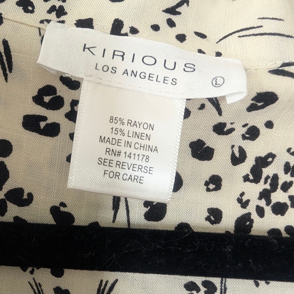 Kirious Linen Blend Cropped Blouse Large | Ivory Black Print Button Front Top - Picture 6 of 6
